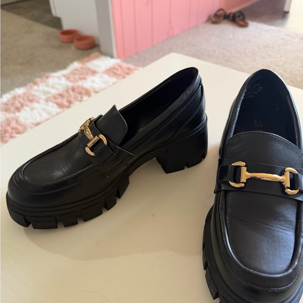 Women’s Black Chunky Loafers with Gold Bit Accent